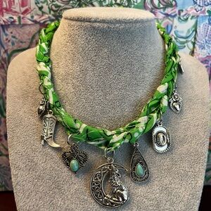 Green Braided Boho Bandana Charm Necklace with Silver Accents
